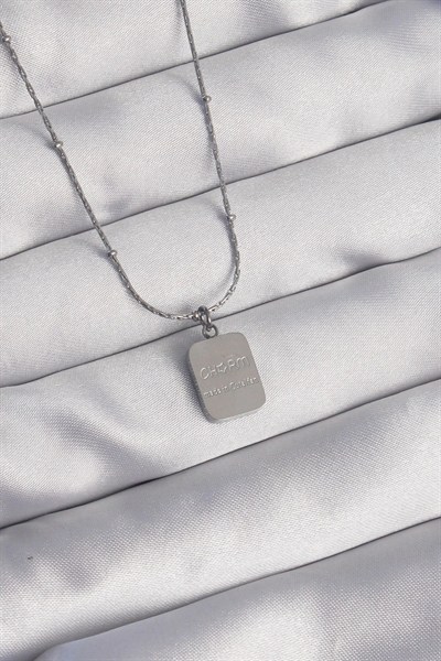 Mey İthalat® 316L Çelik Gümüş Renk Kare Charm Model Kolye