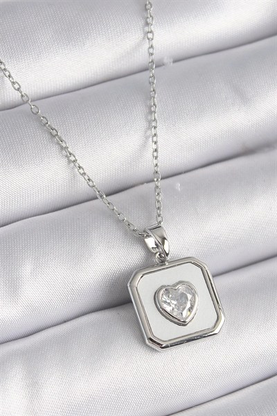 Mey İthalat® 316L Çelik Gümüş Renk Kare Madalyon Kalp Zirkon Taş İşleme Kadın Kolye