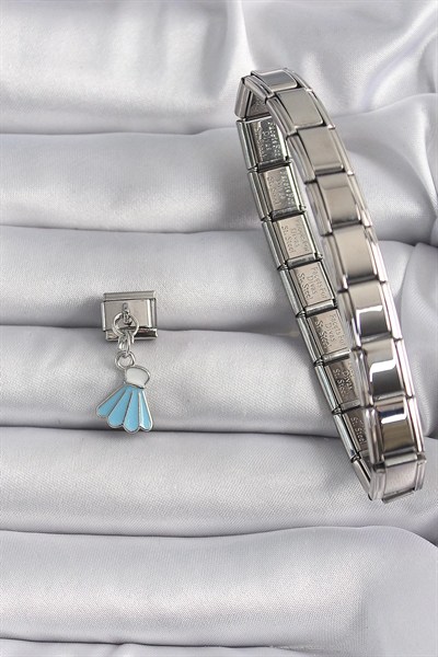 Mey İthalat® 316L Çelik Gümüş Renk Mavi Renk Sallantı Elbise Model Nomination Charm