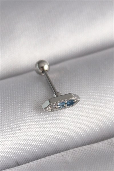 Mey İthalat® 316L Çelik Gümüş Renk Mavi Zirkon Taşlı Tragus Piercing