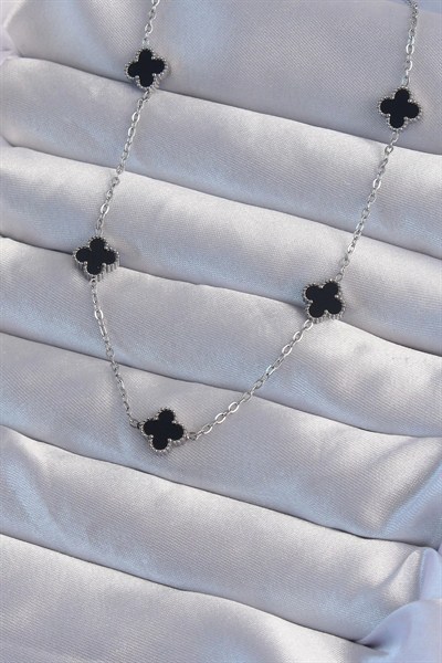 Mey İthalat® 316L Çelik Gümüş Renk Minimal Siyah Mineli Yonca Kolye