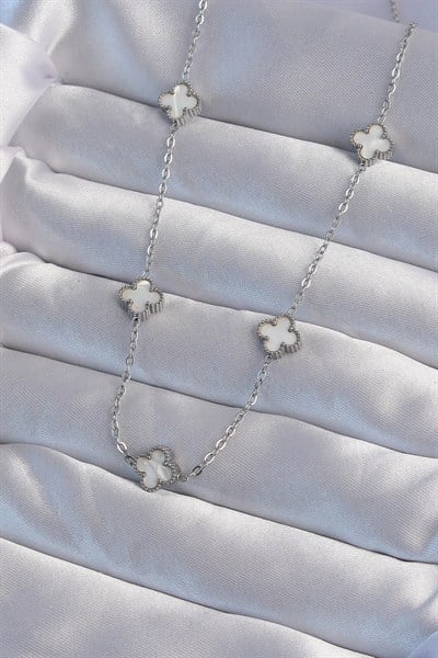 Mey İthalat® 316L Çelik Gümüş Renk Minimal Beyaz Sedefli Yonca Kolye