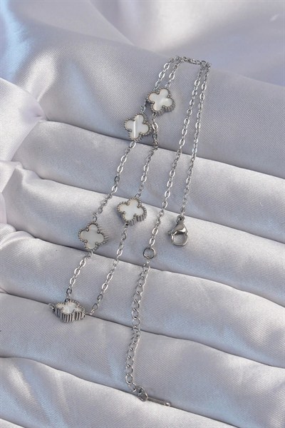 Mey İthalat® 316L Çelik Gümüş Renk Minimal Beyaz Sedefli Yonca Kolye