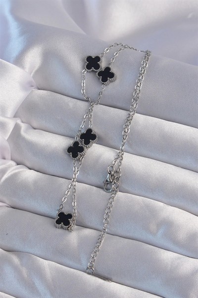 Mey İthalat® 316L Çelik Gümüş Renk Minimal Siyah Mineli Yonca Kolye