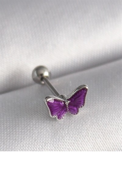 Mey İthalat® 316L Çelik Gümüş Renk Mor Kelebek Model Tragus Piercing