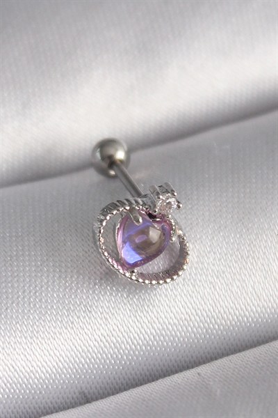 Mey İthalat® 316L Çelik Gümüş Renk Mor Mineli Kalp Zirkon Taş Detay Tragus Piercing
