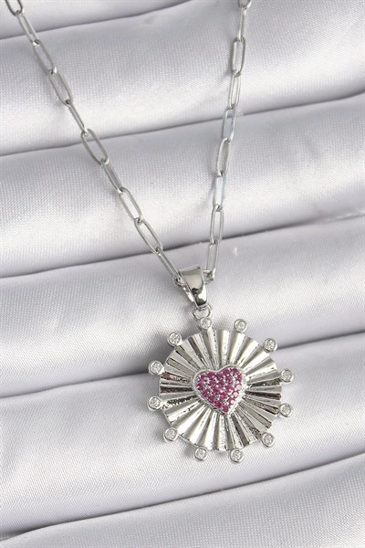 Mey İthalat® 316L Çelik Gümüş Renk Pembe Zirkon Taşlı Kalp İşleme Madalyon Model Kadın Kolye