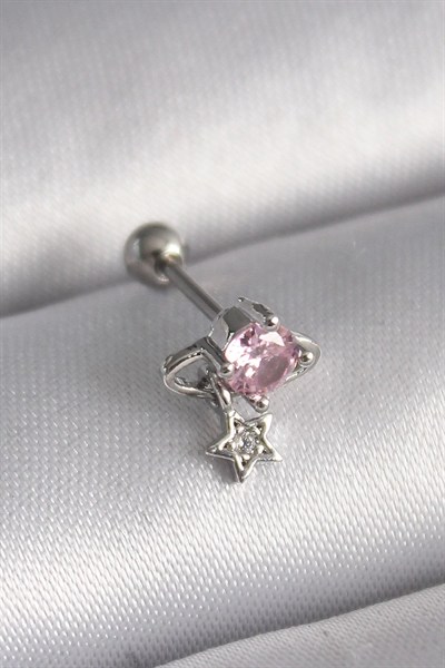Mey İthalat® 316L Çelik Gümüş Renk Pembe Zirkon Taşlı Sallantı Yıldız Detay Tragus Piercing