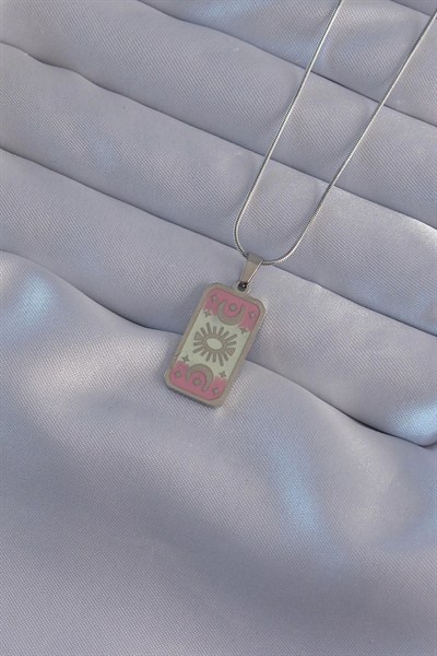 Mey İthalat® 316L Çelik Gümüş Renk Pembe Mineli Ay Figür Tarot Kolye