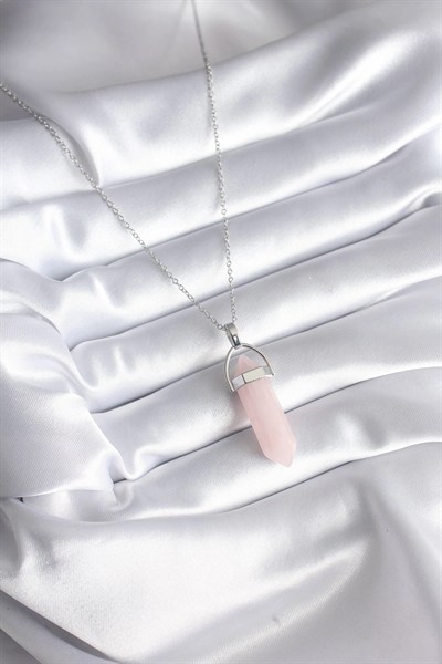Mey İthalat® 316L Çelik Gümüş Renk Pembe Taşlı Kadın Kolye