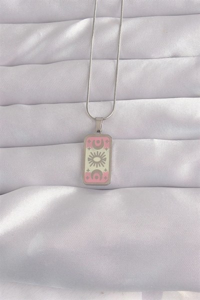 Mey İthalat® 316L Çelik Gümüş Renk Pembe Mineli Ay Figür Tarot Kolye