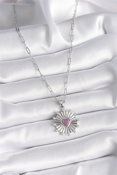 Mey İthalat® 316L Çelik Gümüş Renk Pembe Zirkon Taşlı Kalp İşleme Madalyon Model Kadın Kolye