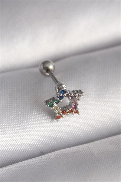 Mey İthalat® 316L Çelik Gümüş Renk Renkli Zirkon Taşlı Yıldız Model Tragus Piercing