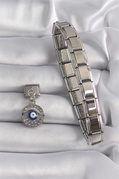 Mey İthalat® 316L Çelik Gümüş Renk Sallantı Zirkon Taşlı Göz Model Nazar Boncuk Detay Nomination Charm