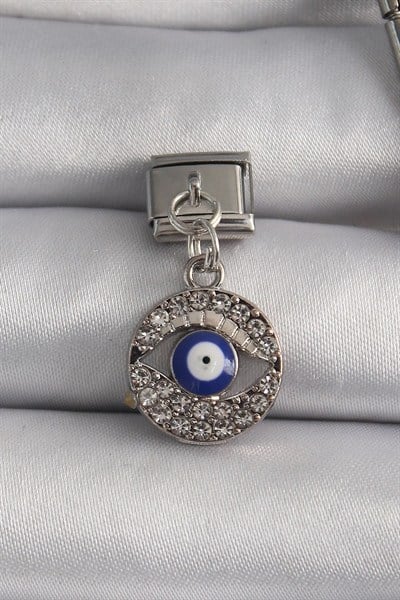Mey İthalat® 316L Çelik Gümüş Renk Sallantı Zirkon Taşlı Göz Model Nazar Boncuk Detay Nomination Charm