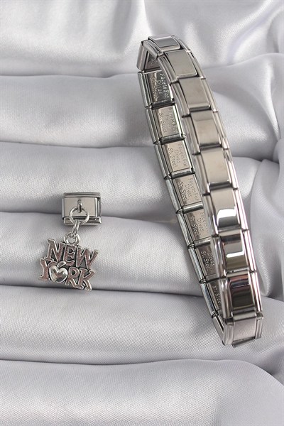 Mey İthalat® 316L Çelik Gümüş Renk Sallantı New York Yazı Model Nomination Charm