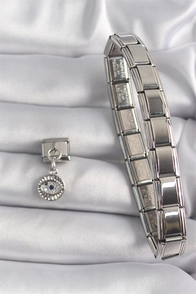 Mey İthalat® 316L Çelik Gümüş Renk Sallantı Zirkon Taşlı Göz Model Nomination Charm