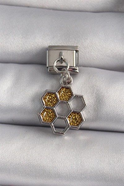 Mey İthalat® 316L Çelik Gümüş Renk Sallantı Simli Bal Beteği Model Nomination Charm