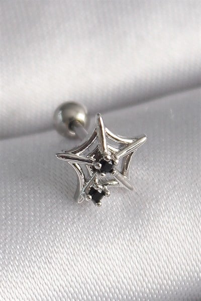 Mey İthalat® 316L Çelik Gümüş Renk Siyah Zirkon Taş Detay Örümcek Ağ Model Tragus Piercing