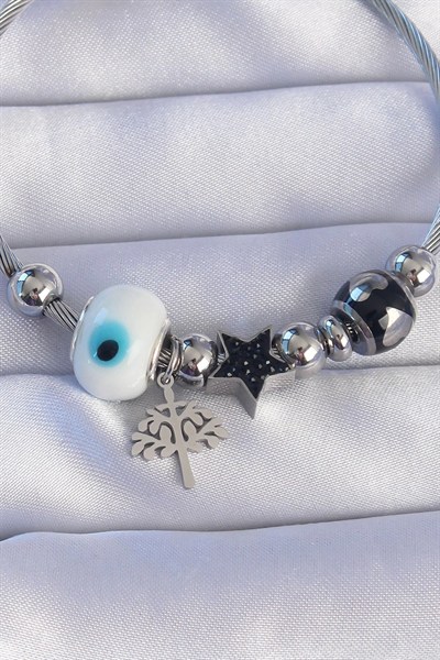 Mey İthalat® 316L Çelik Gümüş Renk Siyah Zirkon Taşlı Yıldız Tasarımlı Ağaç Detay Nazarlı Charm Bileklik