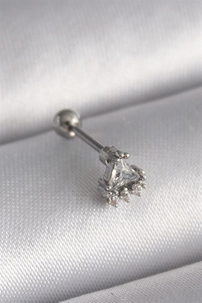 Mey İthalat® 316L Çelik Gümüş Renk Üçgen Zirkon Taşlı Tragus Piercing