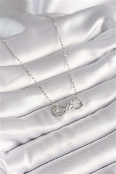 Mey İthalat® 316L Çelik Gümüş Renk Zincir Zirkon Taşlı Sonsuzluk Model Kadın Kolye