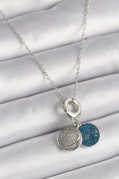 Mey İthalat® 316L Çelik Gümüş Renk Zincir Zirkon Taşlı İşleme Mavi Simli Kadın Kolye