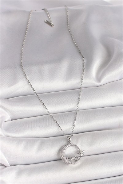 Mey İthalat® 316L Çelik Gümüş Renk Zincir Zirkon Taşlı Ay Yıldız Model Sonsuzluk Detay Kadın Kolye