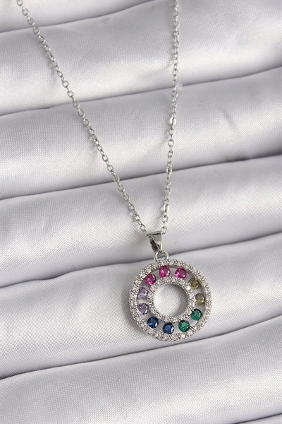 Mey İthalat® 316L Çelik Gümüş Renk Zincir Renkli Zirkon Taşlı Madalyon Model Kadın Kolye