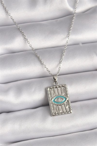 Mey İthalat® 316L Çelik Gümüş Renk Zincir Göz İşlemeli Madalyon Model Kadın Kolye