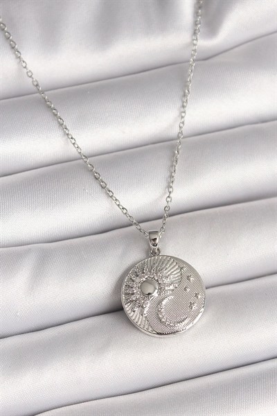 Mey İthalat® 316L Çelik Gümüş Renk Zincir Zirkon Taşlı Ay Güneş İşlemeli Madalyon Model Kadın Kolye