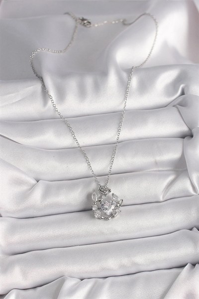 Mey İthalat® 316L Çelik Gümüş Renk Zincir Zirkon Taşlı Kalp Figür Gül Detay Kadın Kolye