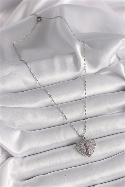 Mey İthalat® 316L Çelik Gümüş Renk Zincir Zirkon Taşlı Kalp Model Kadın Kolye