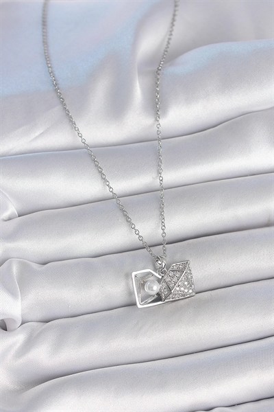 Mey İthalat® 316L Çelik Gümüş Renk Zincir Zirkon Taşlı İncili Açılır Elmas Model Kadın Kolye