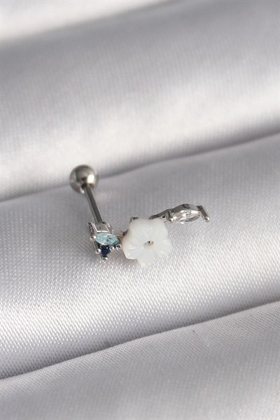 Mey İthalat® 316L Çelik Gümüş Renk Zirkon Taş Detay Beyaz Çiçek Model Tragus Piercing