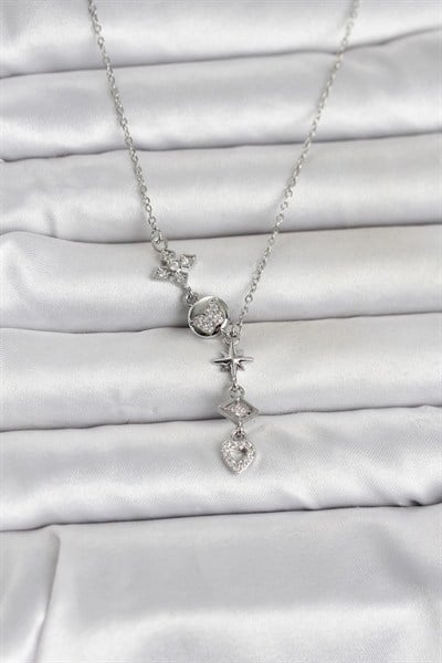 Mey İthalat® 316L Çelik Gümüş Renk Zirkon Taşlı Y Kadın Kolye