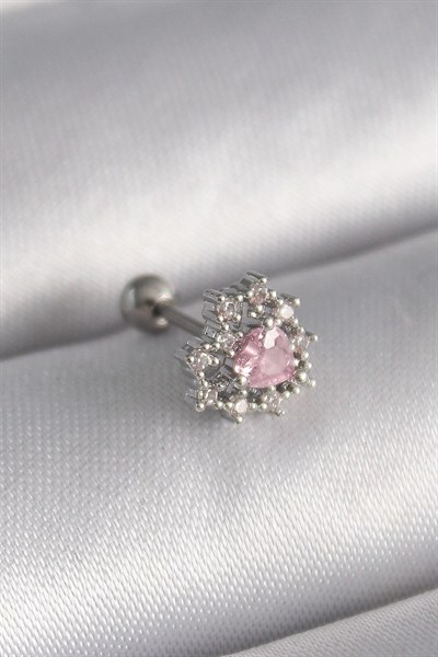 Mey İthalat® 316L Çelik Gümüş Renk Zirkon Taşlı Kalp Tragus Piercing