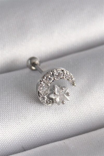Mey İthalat® 316L Çelik Gümüş Renk Zirkon Taşlı Ay Yıldız Tragus Piercing
