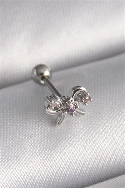 Mey İthalat® 316L Çelik Gümüş Renk Zirkon Taşlı Kurdele Tragus Piercing