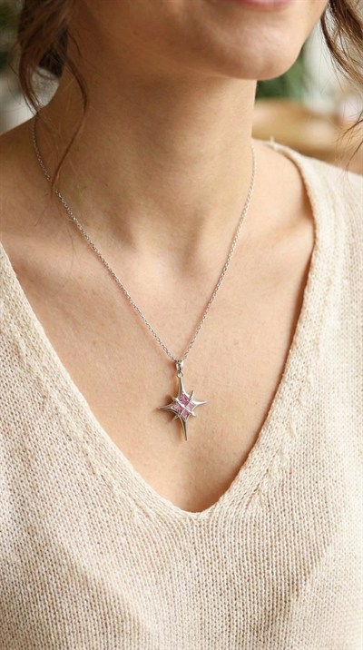 Mey İthalat® 316L Çelik Gümüş Renk Zirkon Taşlı Kutup Yıldızı Model Kadın Kolye