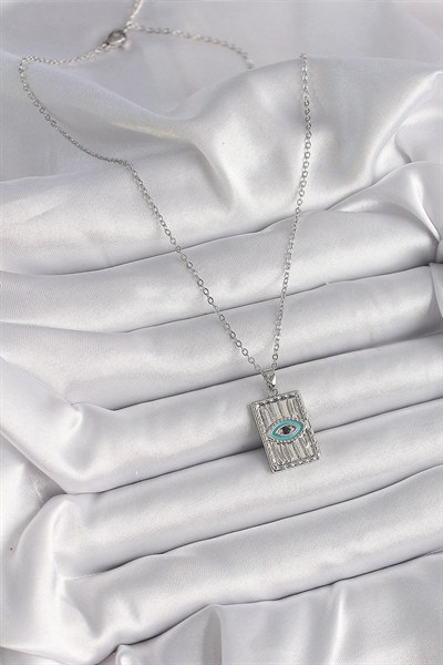 Mey İthalat® 316L Çelik Gümüş Renk Zirkon Taşlı Göz İşleme Detaylı Plaka Model Kadın Kolye