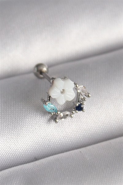 Mey İthalat® 316L Çelik Gümüş Renk Zirkon Taş Detay Beyaz Çiçek Model Tragus Piercing