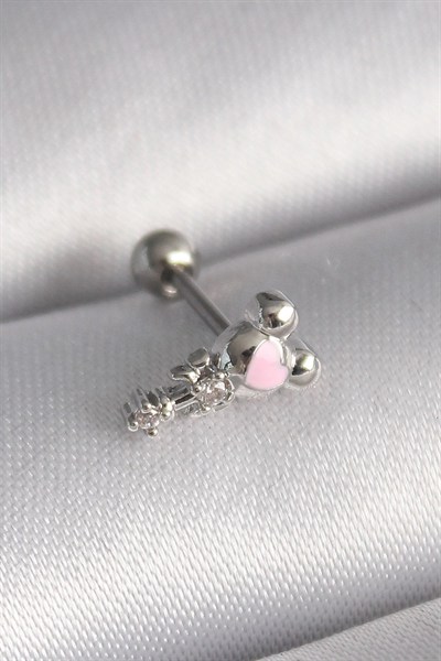 Mey İthalat® 316L Çelik Gümüş Renk Zirkon Taş Detay Pembe Kalp İşleme Tragus Piercing