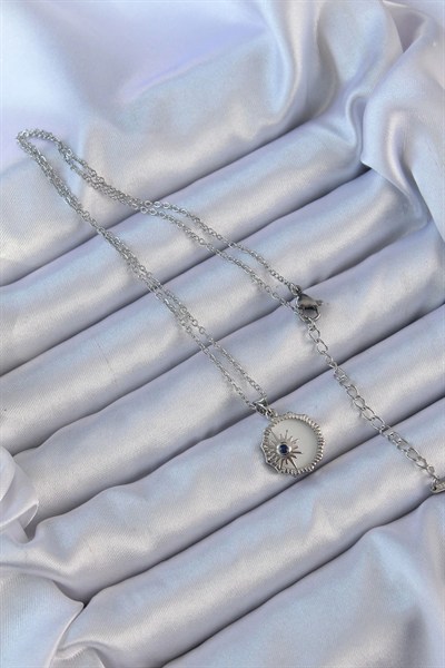 Mey İthalat® 316L Çelik Gümüş Renk Zirkon Taşlı Mineli Kutup Yıldızı Kolye