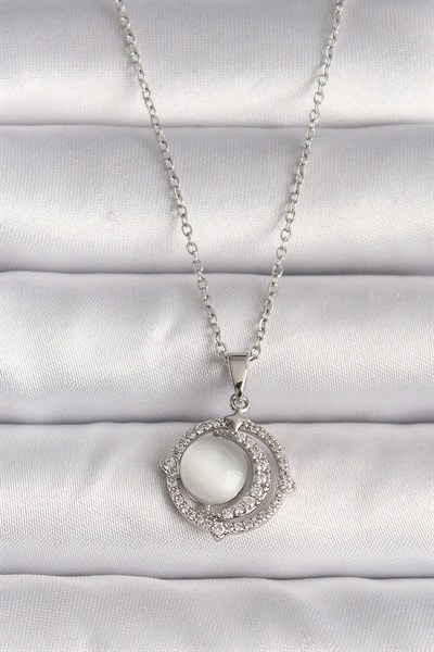 Mey İthalat® 316L Çelik Gümüş Renk Zirkon Taşlı Beyaz Sedefli Hilal Model Kadın Kolye