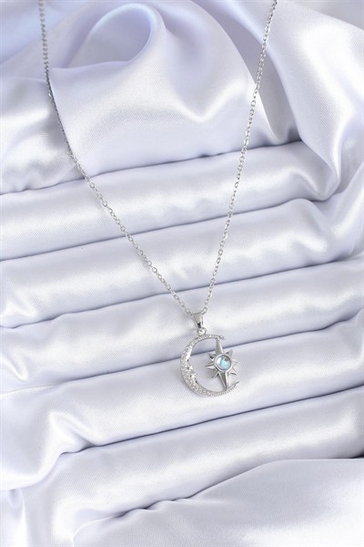 Mey İthalat® 316L Çelik Gümüş Renk Zirkon Taşlı Ay Yıldız Model Kadın Kolye
