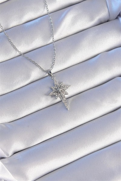 Mey İthalat® 316L Çelik Gümüş Renk Zirkon Taşlı Kutup Yıldızı Model Kolye