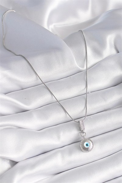 Mey İthalat® 316L Çelik Gümüş Renk Zirkon Taşlı Nazar Boncuk Model Kadın Kolye