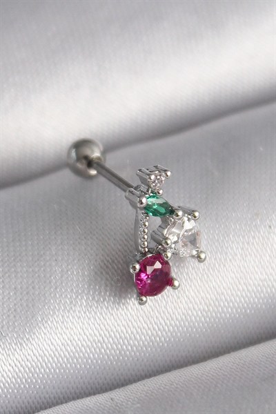 Mey İthalat® 316L Çelik Gümüş Renk Zirkon Taşlı Tragus Piercing