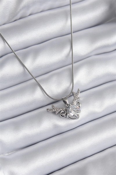 Mey İthalat® 316L Çelik Gümüş Renk Zirkon Taşlı Boynuz Model Kadın Kolye